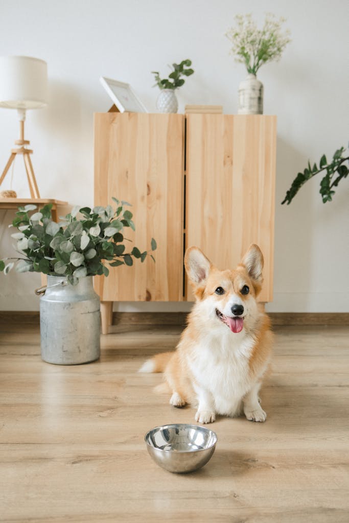 Adorable corgi happily sitting inside a stylish home with a metal bowl.